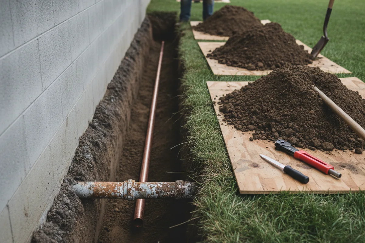 Excavated water line trench during Water Softener Installation in Millville